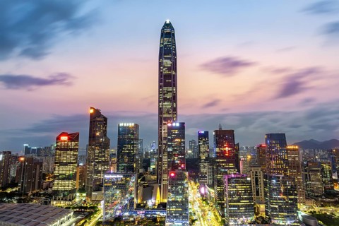 Shenzhen skyline with skyscrapers city centre downtown in the evening in Shenzhen, China, Asia