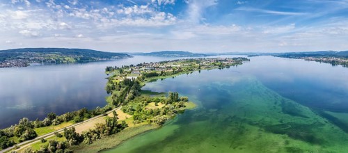 Aerial view, panorama of the island of Reichenau in Lake Constance with the Thurgau lake ridge on