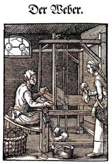 The Weaver, woodcut from the, Das Staendebuch, a famous series of woodcuts of the craft of Amman,