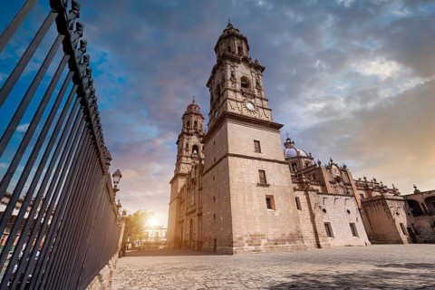 Mexico, Michoacan, famous scenic Morelia Cathedral located on Plaza de Armas in historic city