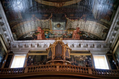 Interior view, organ, coffered ceiling, ceiling painting, perspective painting, ceiling, church