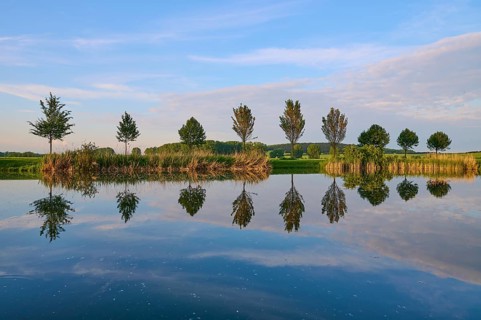 Lake in spring with row of trees and reflection, Drei Gleichen, Ilm-Kreis, Thuringia, Germany,