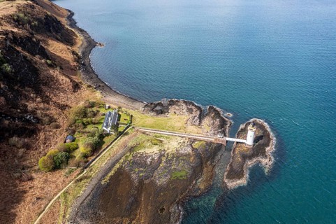 Aerial view of Tobermory lighthouse, Isle of Mull, Scotland, UK