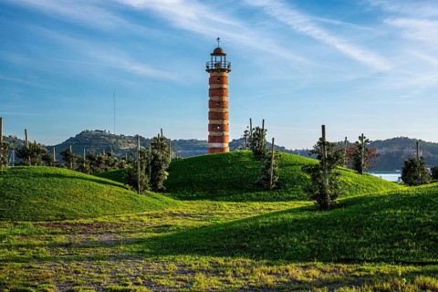 Belem lighthouse on bank of Tagus river on sunset, Lisbon, Portugal, Europe