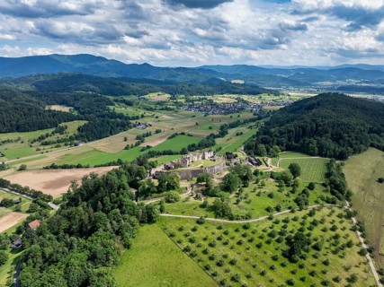 Aerial view of the ruins of Hochburg Castle, also known as Hachberg, 11th century, between