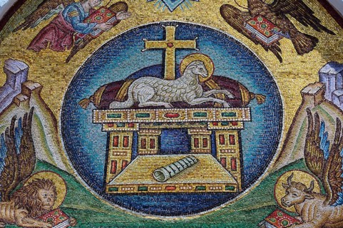 Brilliant religious mosaic with lamb on an altar, surrounded by angels and holy symbols, evangelist