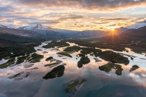 Aerial view, river delta with islands and mountains, river Glomaga, Mo i Rana, Norway, Europe