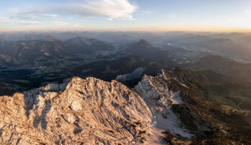 Aerial view, evening mood in the mountains, Schaffauer and Hintersteiner lakes, Wilder Kaiser,