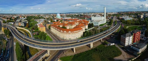 Nossener Brücke power station with elevated road in Dresden Löbtau