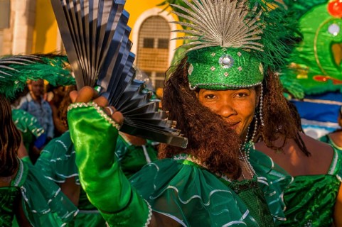 Happy, colourful costumed people. Carnival. Mindelo. Cabo Verde. Africa