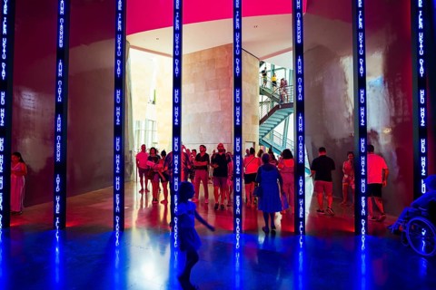 Guggenheim Museum, architect Frank Gehry, interior view, artist Jenny Holzer, Bilbao, Basque