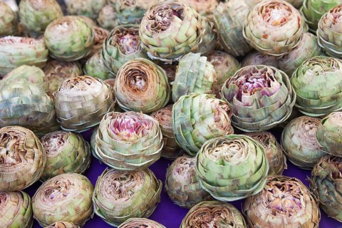 Colorful freshly picked selection of organic artichokes on display at the farmers market