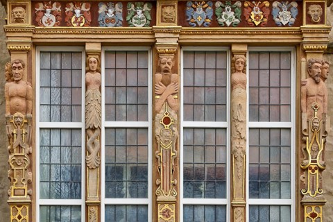 Renaissance bay window, detail on the temple house, Gothic patrician house on the historic market