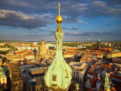 Old town of Dresden with the famous towers. in the foreground the Catholic Court Church