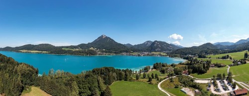 Drone shot, panorama shot, Fuschlsee with Schober, Fuschl am See, Alpine foothills, Salzkammergut,