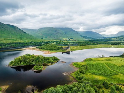 Kilchurn Castle from a drone, Loch Awe, Argyll and Bute, Scotland, UK
