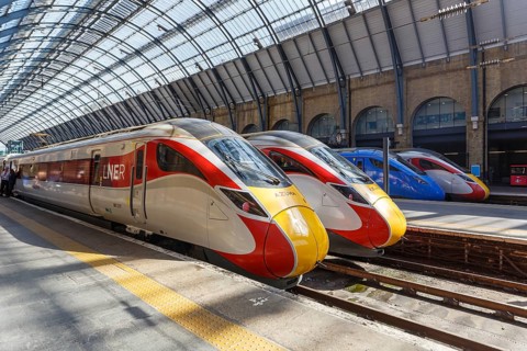 Azuma trains of London North Eastern Railway LNER and Lumo of FirstGroup at King's Cross station in