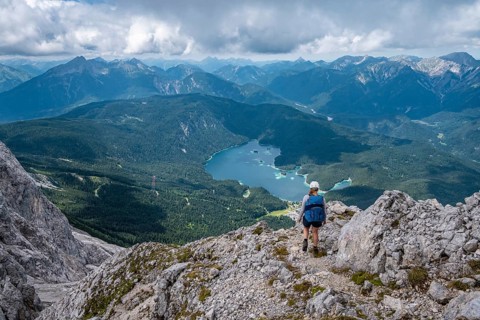 Mountaineer at Waxenstein, Eibsee lake, Wetterstein Mountains, Garmisch-Patenkirchen, Bavaria,