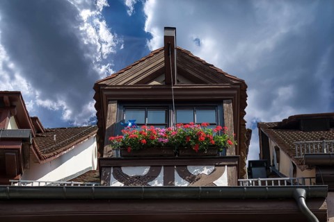 Historic roof lift bay, WeiÃŸgerbergasse 22, Nuremberg, Middle Franconia, Bavaria, Germany, Europe