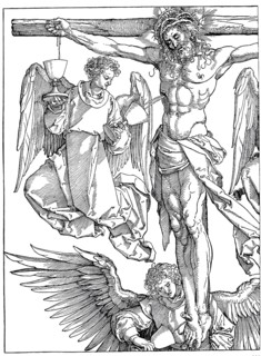 Christ on the Cross with Three Angels, woodcut by Albrecht Dürer, historical, digitally improved