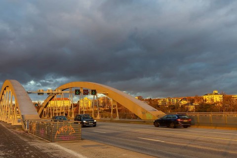 Sunset on the Waldschlösschen Bridge in Dresden