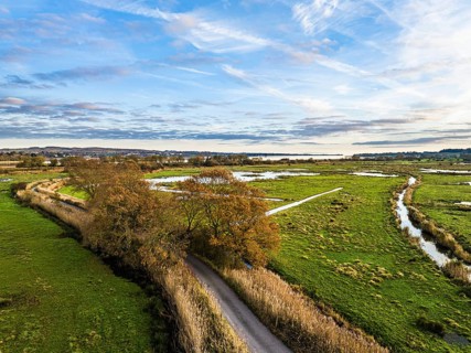 Wetlands and Marshes in RSPB Exminster and Powderham Marshe from a drone, Exeter, Devon, England,