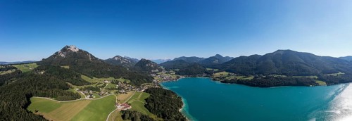 Drone shot, panorama shot, Fuschlsee, Fuschl am See, Alpine foothills, Salzkammergut, Land