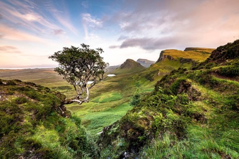 View of rocky landscape Quiraing, Trotternish Ridge, Highlands, Isle of Skye, Inner Hebrides,