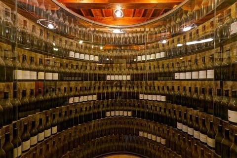 Exhibition rack with wines of Piemonte, Enoteca Regionale Piemontese Cavour, Grinzane Cavour,