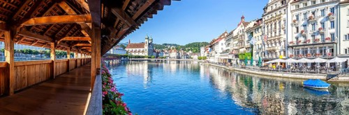 Chapel bridge city on the river Reuss with bridge panorama in Lucerne, Switzerland, Europe