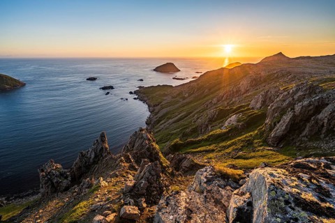 View from Mount Bufjellet towards the coast near Nykvag, Langoya Island, Vesteralen Archipelago,