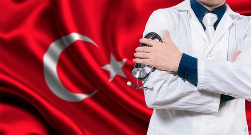 Doctor with stethoscope on Turkish flag. Doctor with crossed arms on Turkish flag, Turkish national