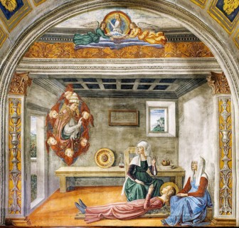 Pope Gregory the Great appears to St. Fina with her nurses on the sickbed, Fina da San Gimignano,