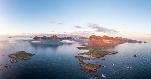 Fishing village Hovden, coast, fjords and mountains, Langoya island, Vesteralen archipelago,
