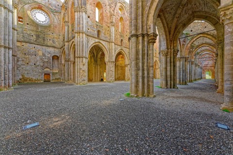 View from the crossing into the nave and side aisles, church ruins of the Cistercian Abbey of San