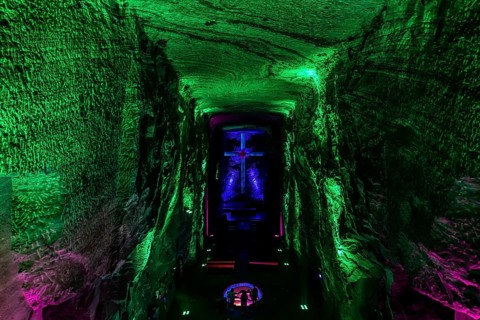 Giant salt cross in the Salt cathedral of Zipaquira, Colombia, South America