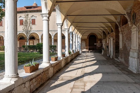 Cloister with tombs, church Chiesa di San Michele in Isola, cemetery island of San Michele, Venice,