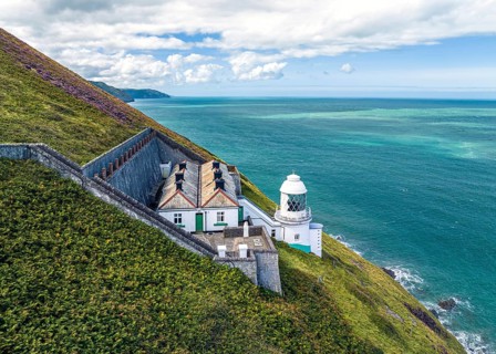 The Lighthouse Keepers Cottage from a drone, Countisbury, Lynton, North Devon, England, United