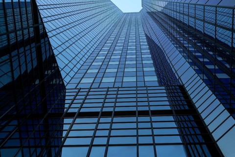 Glass façade of Deutsche Bank, banking district, Westend, Frankfurt am Main, Hesse, Germany, Europe