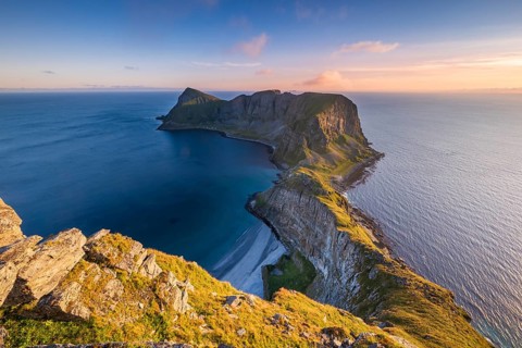 View from Haheia or Haen mountain to mountains and coast, evening mood, Mastad peninsula, Vaeroy