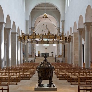 St. Mary's Cathedral, interior view with bronze baptismal font and hezilo chandelier, UNESCO World