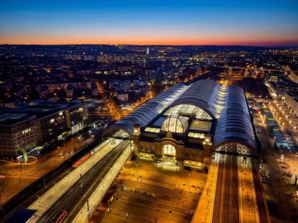 Central station at Wiener Platz. The new construction has been completed, the membrane roof of the