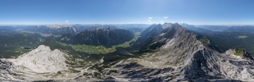 Alpine panorama, aerial view, Westliche Wettersteinspitze, Wetterstein Mountains, Bavaria, Germany,