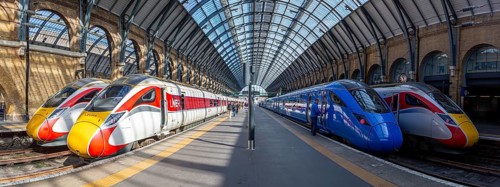 Azuma trains of London North Eastern Railway LNER and Lumo of FirstGroup at King's Cross Panorama