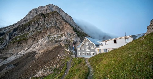 Mountain hut on the Rotstein Pass, SÃ¤ntis, Appenzell Ausserrhoden, Appenzell Alps, Switzerland,