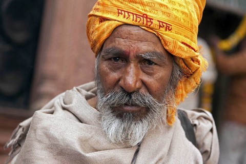 Portrait of Indian follower of the Hare Krishna movement in Vrindavan, Uttar Pradesh, India, Asia