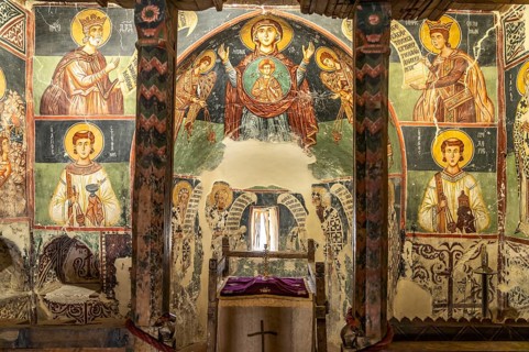 The painted interior of the barn-roofed Church of Archangelos Michail or Church of St. Michael the