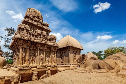 Five Rathas, ancient Hindu monolithic Indian rock-cut architecture. Mahabalipuram, Tamil Nadu,