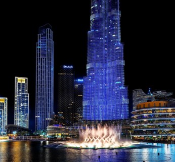 Night shot, water feature in Burj Khalifa Lake, Burk Khalifa, Downtown, Dubai, United Arab