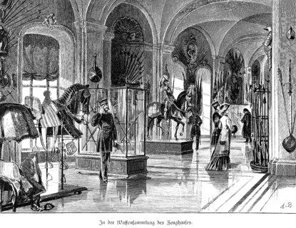 Weapons collection in the armoury, Berlin, hall, museum, exhibition, visitors, supervision,